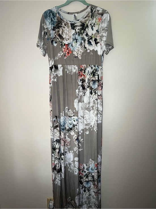 Bellamie Dresses & Skirts - Bellamie Taupe Floral Maxi Dress with Blue and Coral Accents